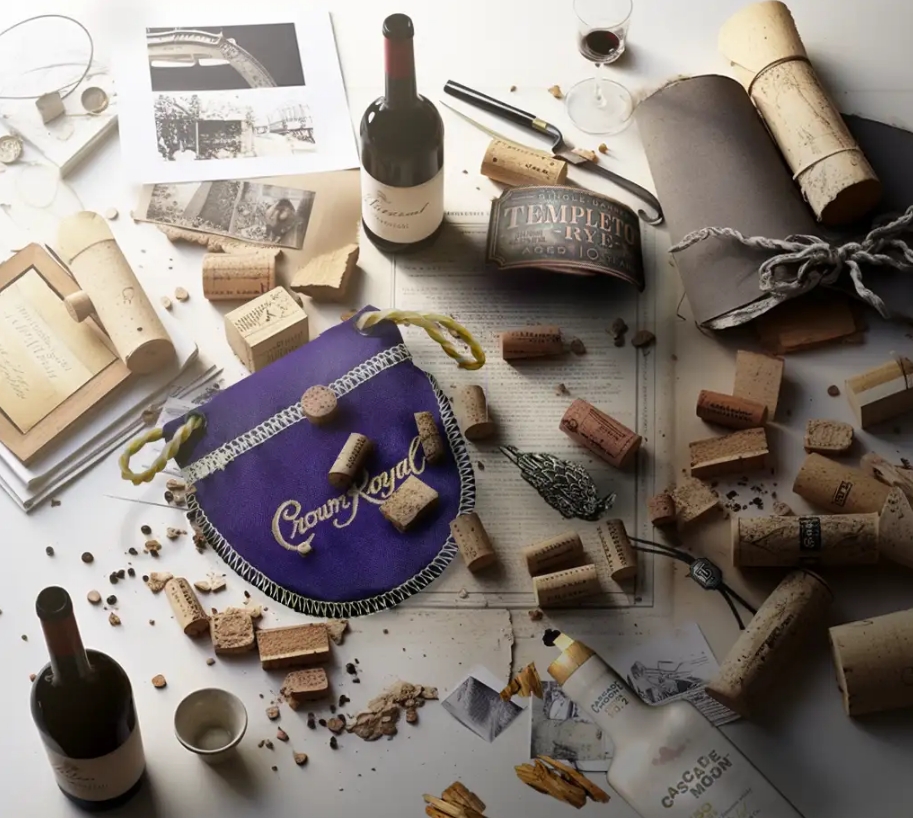 Collage of packaging materials including corks, a Crown Royal bag, medallions, and more.